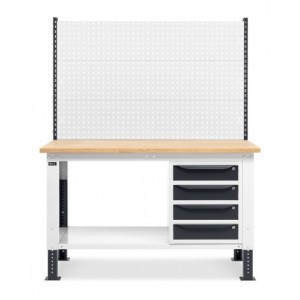 Banco da lavoro regolabile in altezza Work Up WORK1518 con parete attrezzata e 4 cassetti