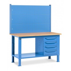 Banco da lavoro regolabile in altezza Work Up WORK1519 con parete attrezzata e 4 cassetti