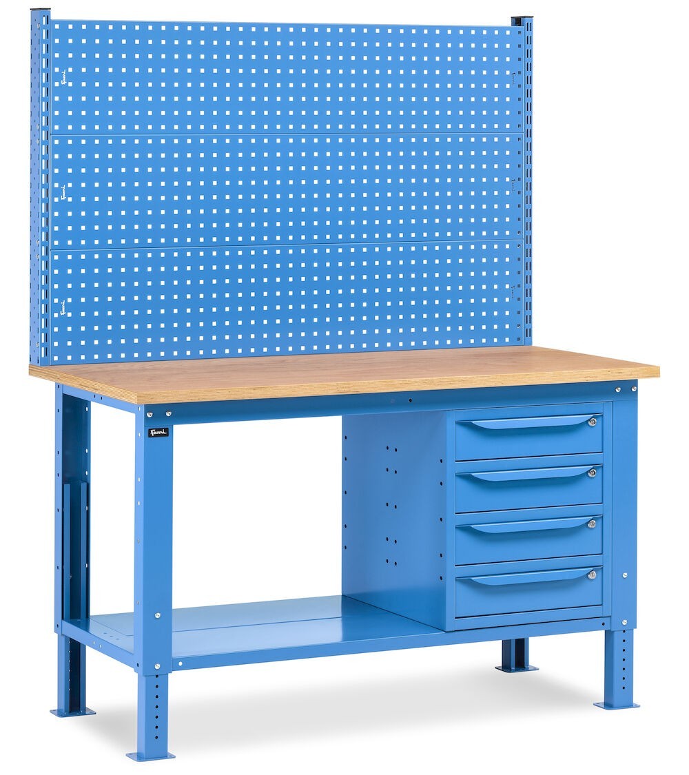 Banco da lavoro regolabile in altezza Work Up WORK1519 con parete attrezzata e 4 cassetti