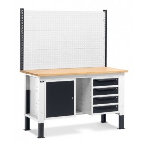 Banco da lavoro regolabile in altezza Work Up WORK1520 con parete attrezzata, 4 cassetti e 1 armadio con porta