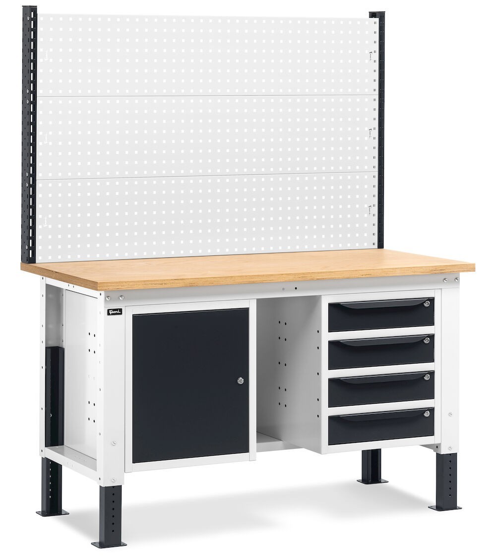 Banco da lavoro regolabile in altezza Work Up WORK1520 con parete attrezzata, 4 cassetti e 1 armadio con porta