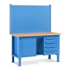 Banco da lavoro regolabile in altezza Work Up WORK1521 con parete attrezzata, 4 cassetti e 1 armadio con porta