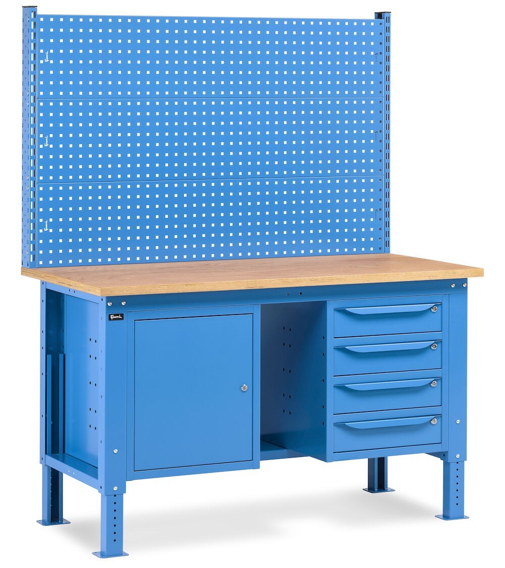 Banco da lavoro regolabile in altezza Work Up WORK1521 con parete attrezzata, 4 cassetti e 1 armadio con porta