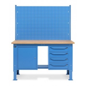 Banco da lavoro regolabile in altezza Work Up WORK1521 con parete attrezzata, 4 cassetti e 1 armadio con porta
