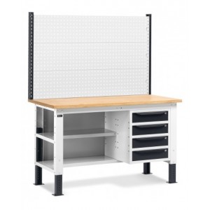 Banco da lavoro regolabile in altezza Work Up WORK1522 con parete attrezzata, 4 cassetti e semipiano