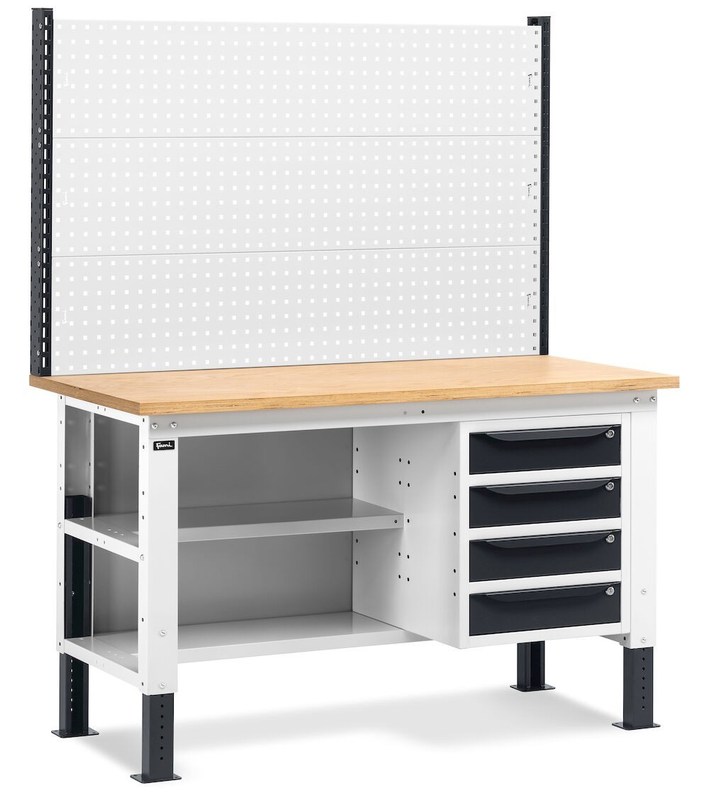 Banco da lavoro regolabile in altezza Work Up WORK1522 con parete attrezzata, 4 cassetti e semipiano