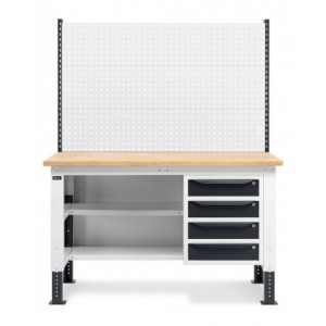 Banco da lavoro regolabile in altezza Work Up WORK1522 con parete attrezzata, 4 cassetti e semipiano