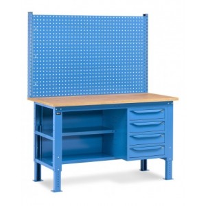 Banco da lavoro regolabile in altezza Work Up WORK1523 con parete attrezzata, 4 cassetti e semipiano