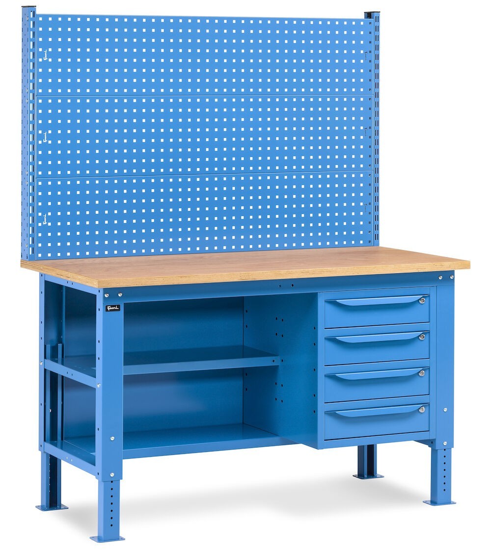 Banco da lavoro regolabile in altezza Work Up WORK1523 con parete attrezzata, 4 cassetti e semipiano