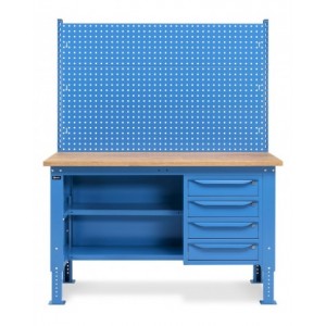 Banco da lavoro regolabile in altezza Work Up WORK1523 con parete attrezzata, 4 cassetti e semipiano