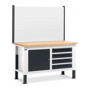 Banco da lavoro regolabile in altezza Work Up WORK1524 con parete attrezzata, 4 cassetti e 1 armadio con porta