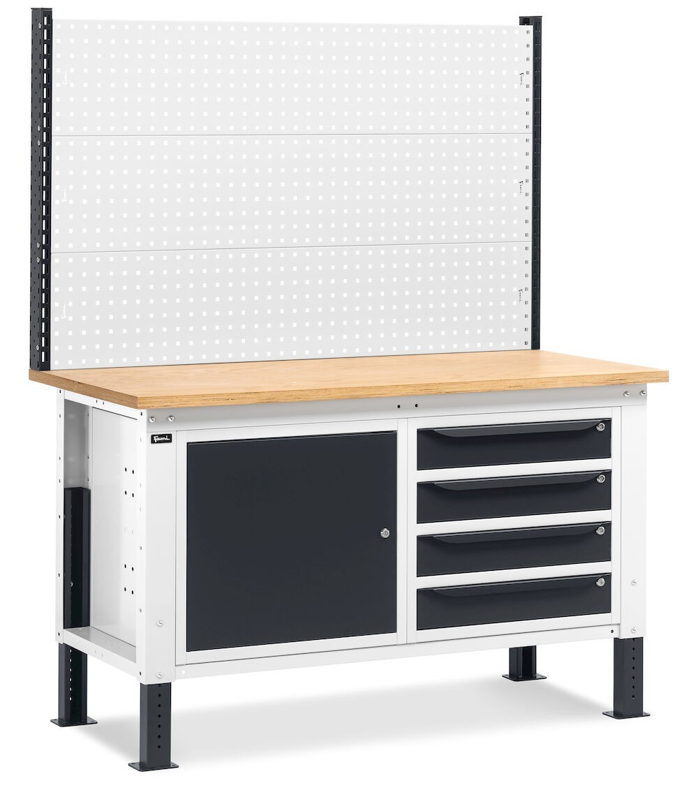 Banco da lavoro regolabile in altezza Work Up WORK1524 con parete attrezzata, 4 cassetti e 1 armadio con porta