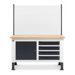 Banco da lavoro regolabile in altezza Work Up WORK1524 con parete attrezzata, 4 cassetti e 1 armadio con porta