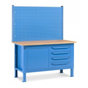 Banco da lavoro regolabile in altezza Work Up WORK1525 con parete attrezzata, 4 cassetti e 1 armadio con porta