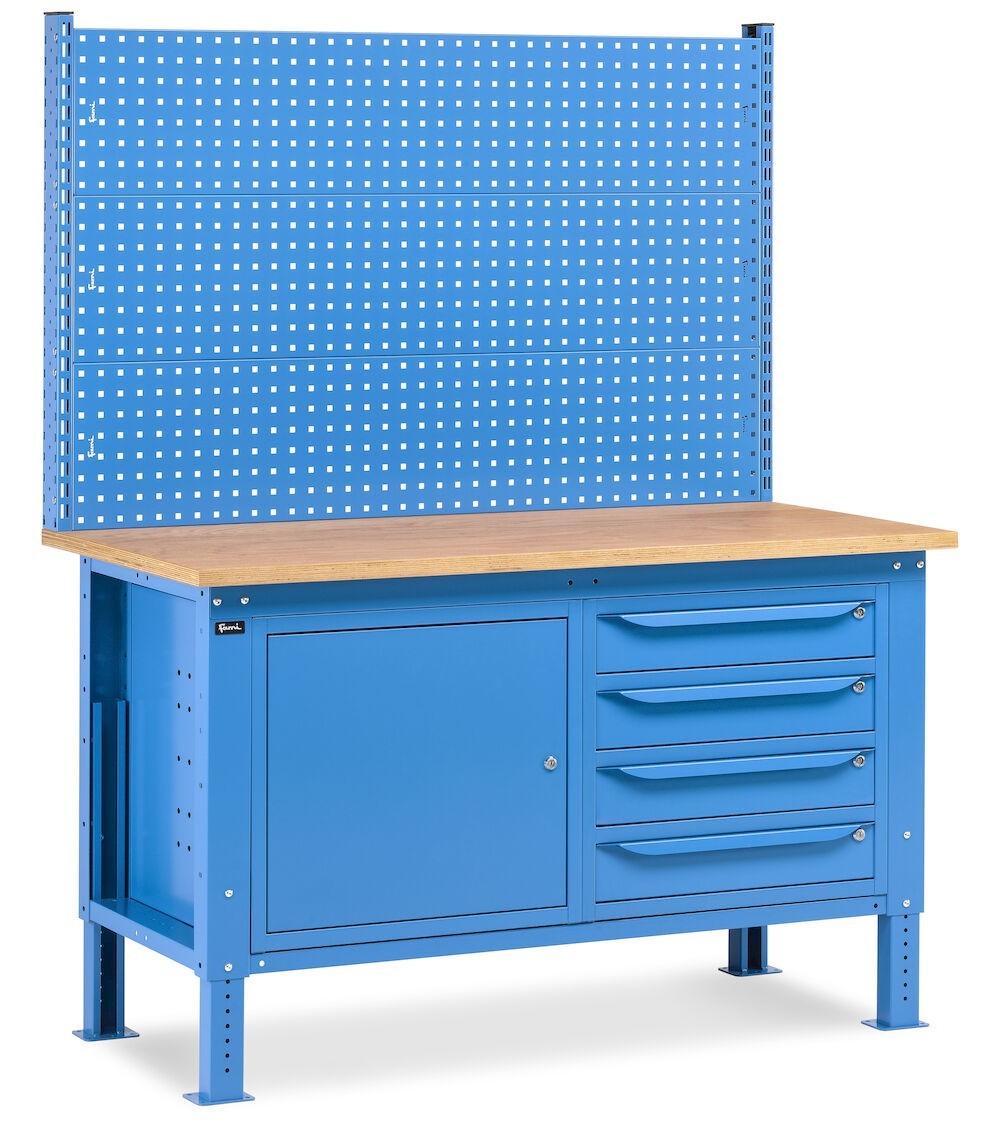 Banco da lavoro regolabile in altezza Work Up WORK1525 con parete attrezzata, 4 cassetti e 1 armadio con porta