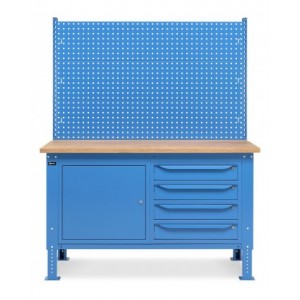 Banco da lavoro regolabile in altezza Work Up WORK1525 con parete attrezzata, 4 cassetti e 1 armadio con porta