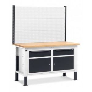 Banco da lavoro regolabile in altezza Work Up WORK1526 con parete attrezzata e 2 armadi con porta parziale e 1 cassetto