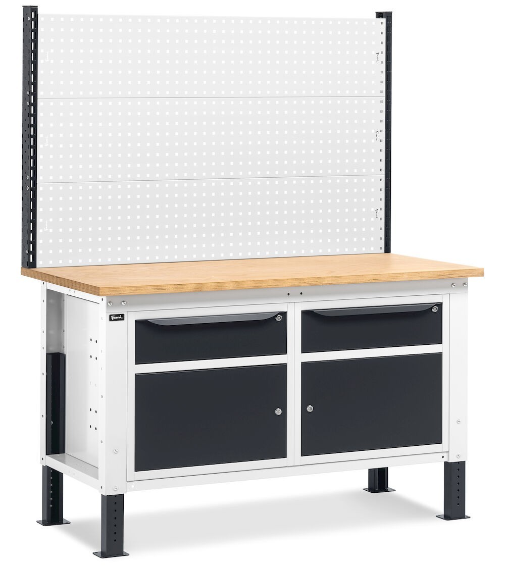 Banco da lavoro regolabile in altezza Work Up WORK1526 con parete attrezzata e 2 armadi con porta parziale e 1 cassetto