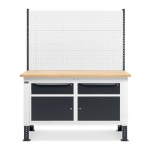 Banco da lavoro regolabile in altezza Work Up WORK1526 con parete attrezzata e 2 armadi con porta parziale e 1 cassetto