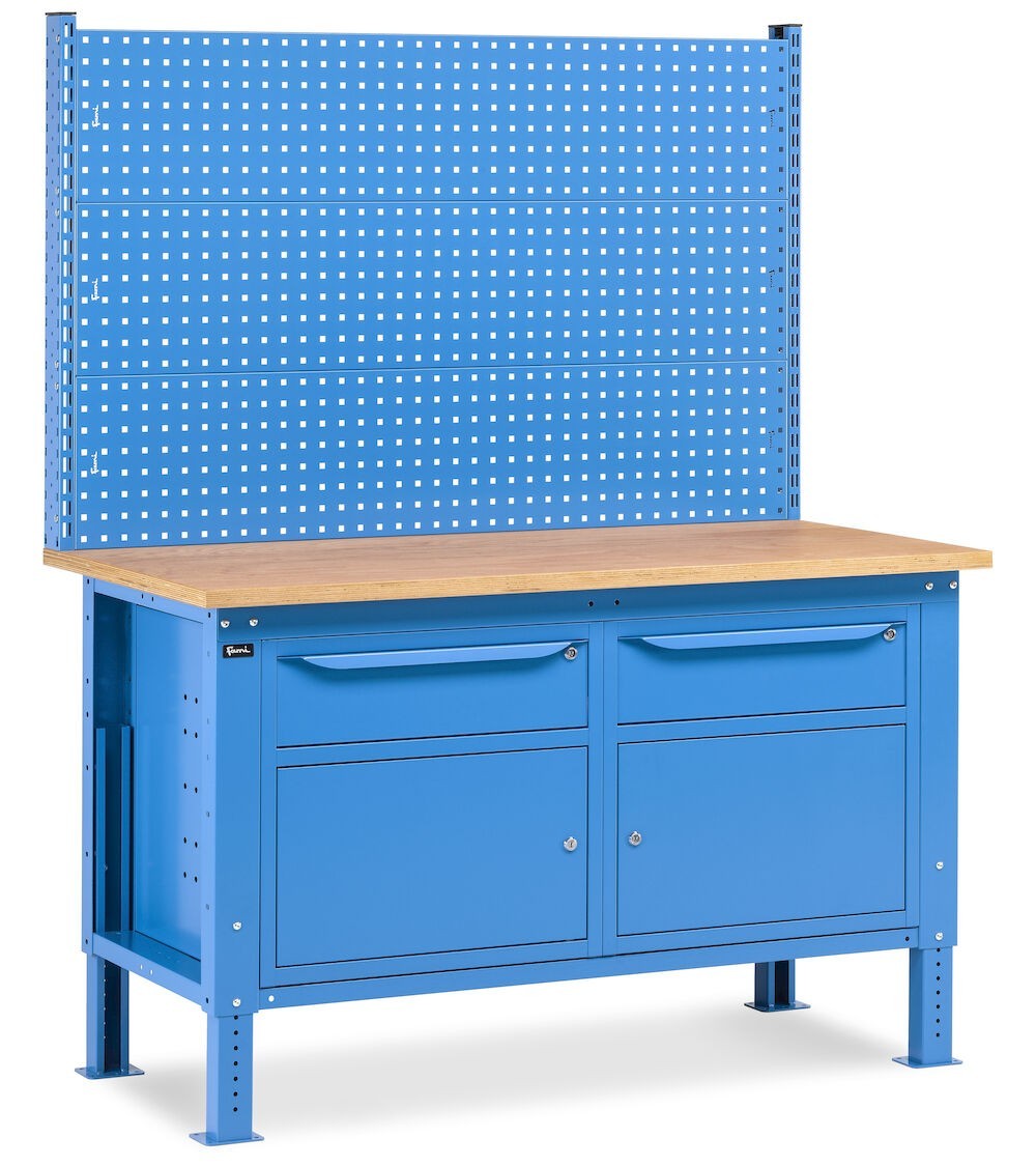 Banco da lavoro regolabile in altezza Work Up WORK1527 con parete attrezzata e 2 armadi con porta parziale e 1 cassetto