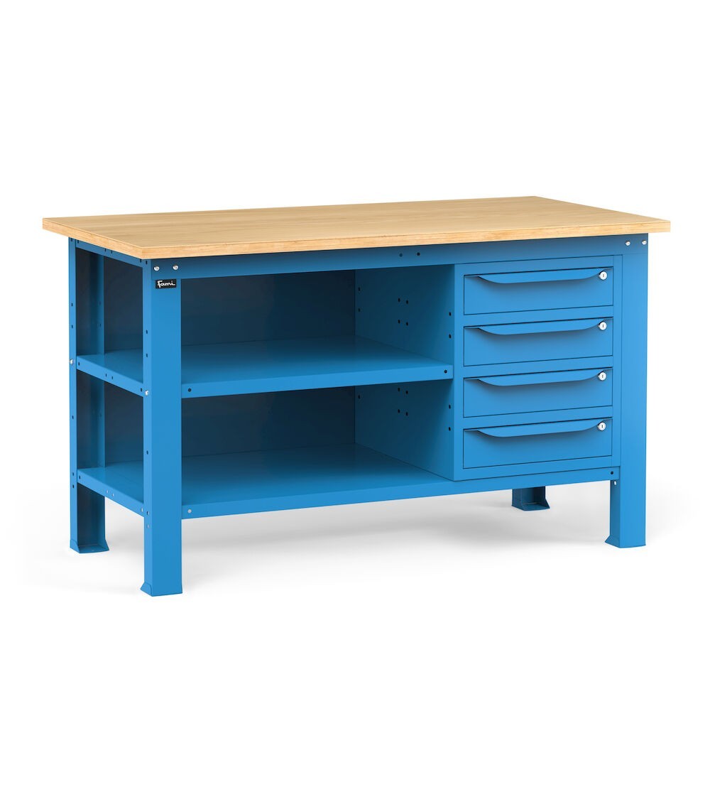 Banco con 4 cassetti, chiusura posteriore e piano, 150 cm, Blu