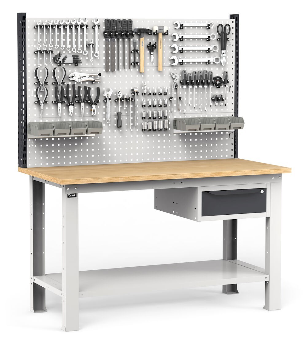 Banco con cassetto, parete porta attrezzi e accessori, 150 cm, Grigio e antracite