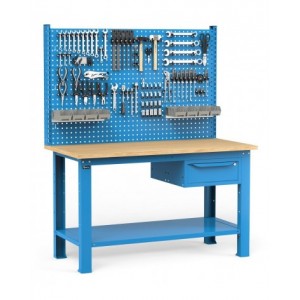 Banco con cassetto, parete porta attrezzi e accessori, 150 cm, Blu