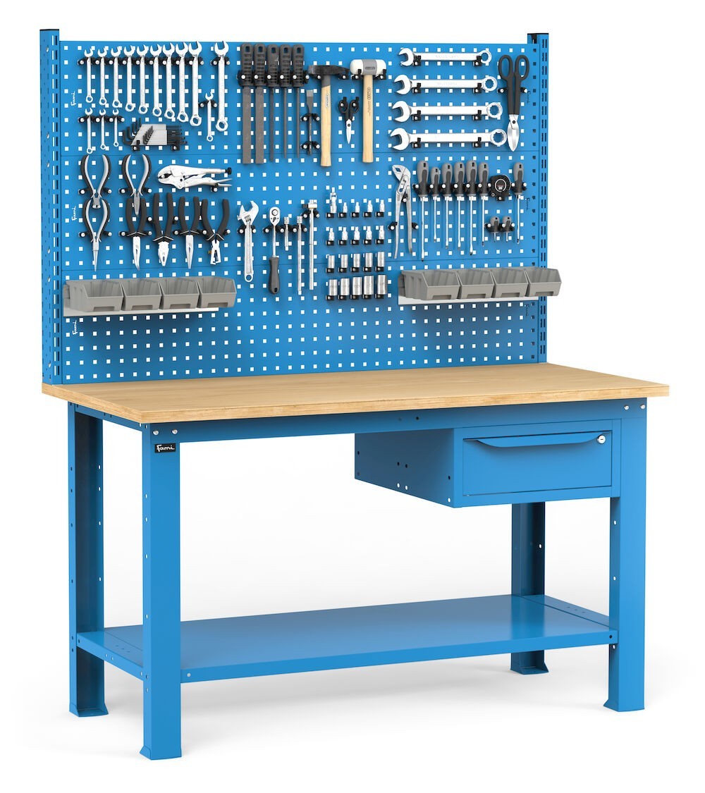 Banco con cassetto, parete porta attrezzi e accessori, 150 cm, Blu