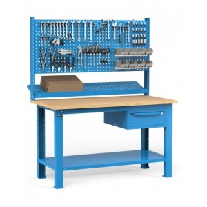 Banco con cassetto, parete porta attrezzi e accessori, 150 cm, Blu