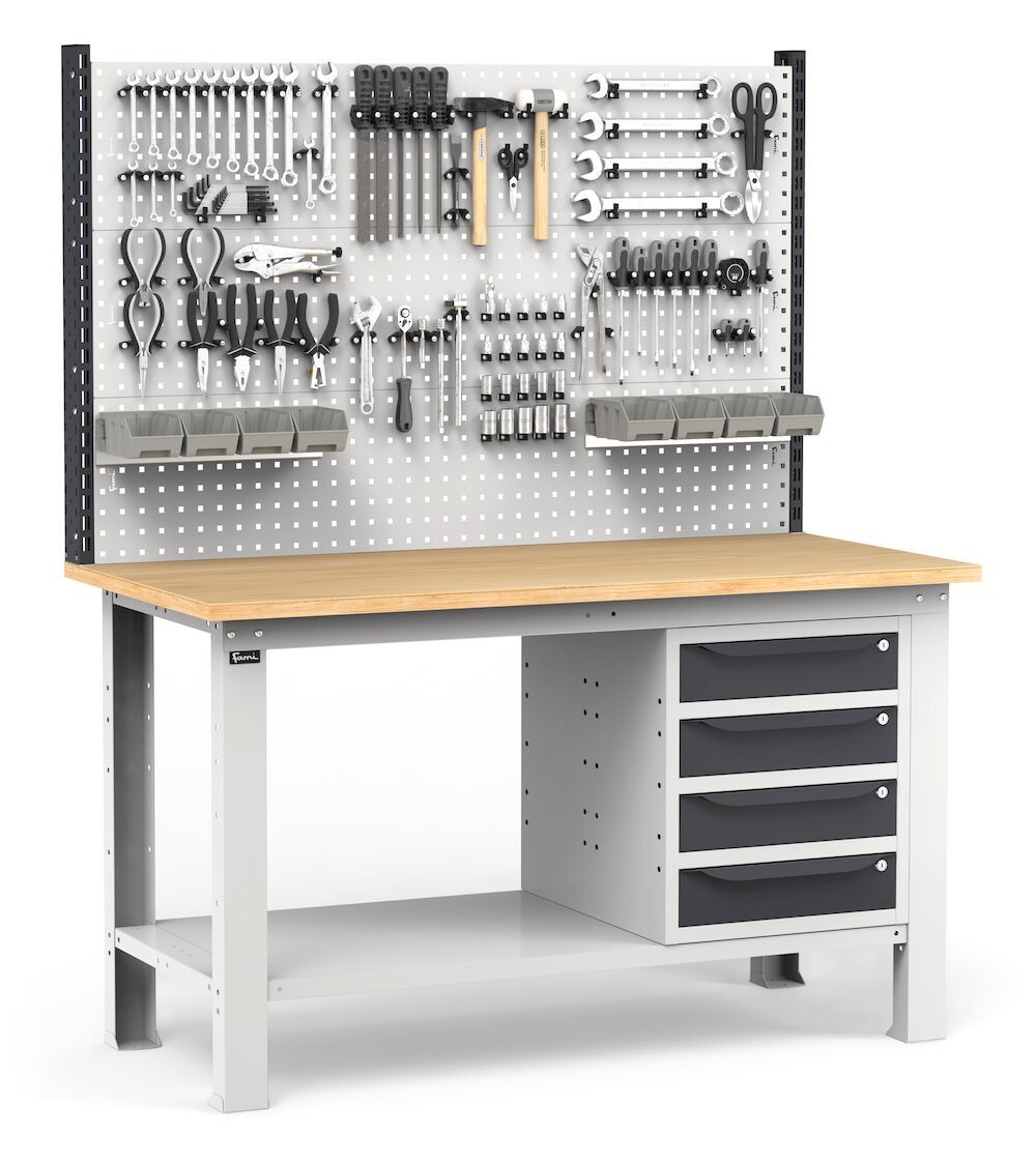 Banco con 4 cassetti, parete porta attrezzi e accessori, 150 cm, Grigio e antracite