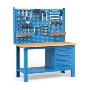 Banco con 4 cassetti, parete porta attrezzi e accessori, 150 cm, Blu