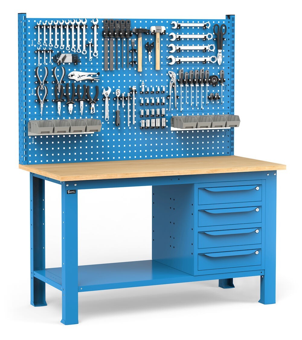 Banco con 4 cassetti, parete porta attrezzi e accessori, 150 cm, Blu