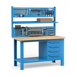 Banco con 4 cassetti, parete porta attrezzi e accessori, 150 cm, Blu