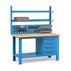 Banco con 4 cassetti, parete porta attrezzi e accessori, 150 cm, Blu