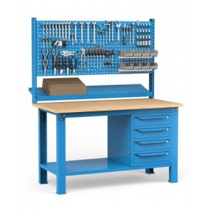 Banco con 4 cassetti, parete porta attrezzi e accessori, 150 cm, Blu
