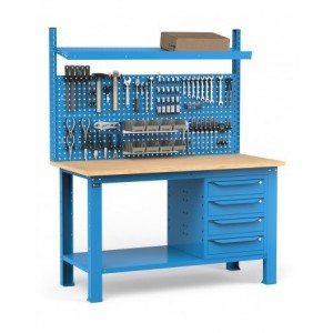 Banco con 4 cassetti, parete porta attrezzi e accessori, 150 cm, Blu