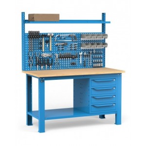 Banco con 4 cassetti, parete porta attrezzi e accessori, 150 cm, Blu
