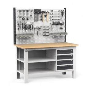 Banco con 4 cassetti, chiusura posteriore, parete portautensili, accessori, 150 cm, Grigio e antracite