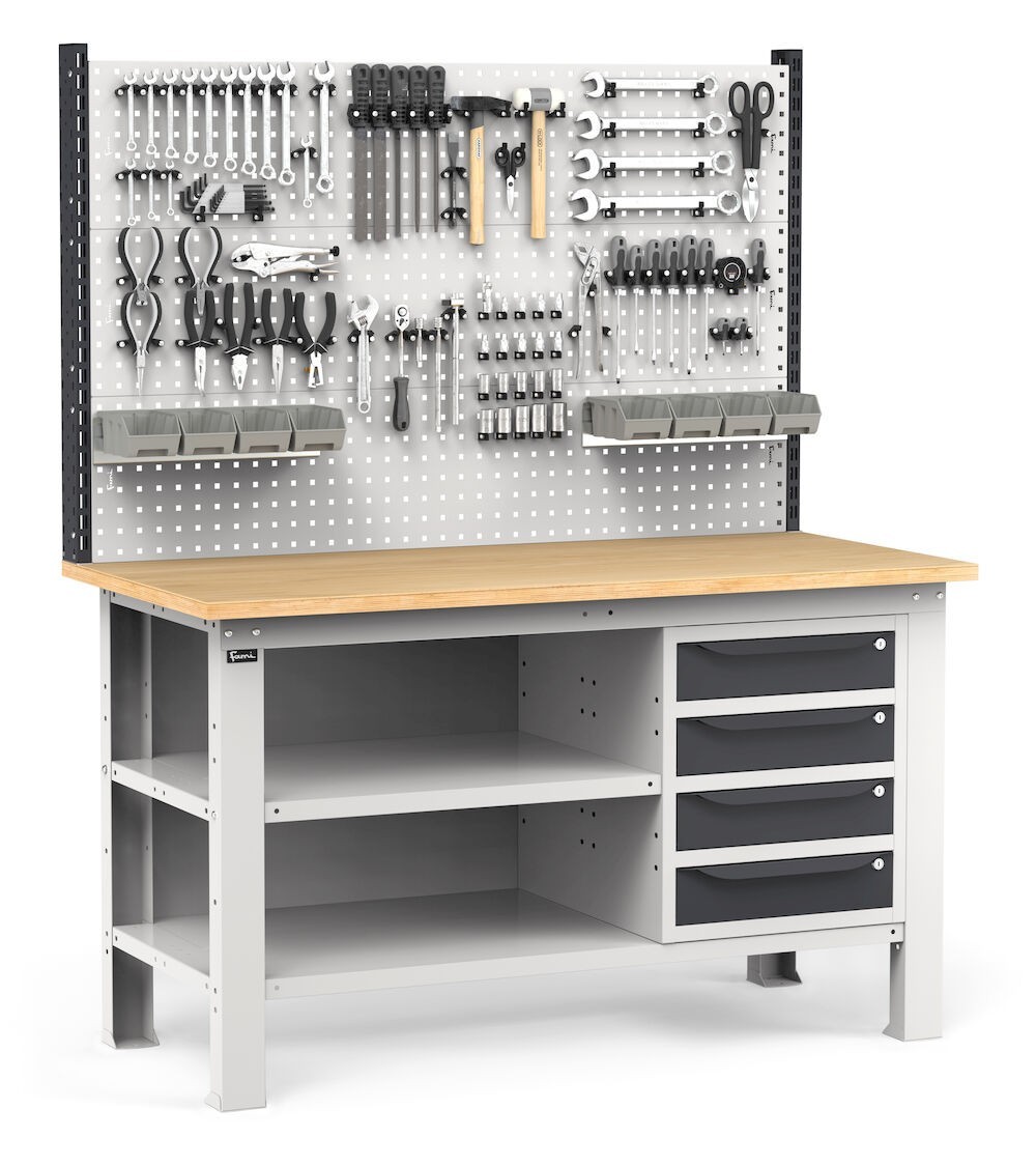 Banco con 4 cassetti, chiusura posteriore, parete portautensili, accessori, 150 cm, Grigio e antracite