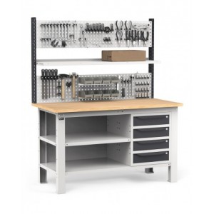 Banco con 4 cassetti, chiusura posteriore, parete portautensili, accessori, 150 cm, Grigio e antracite