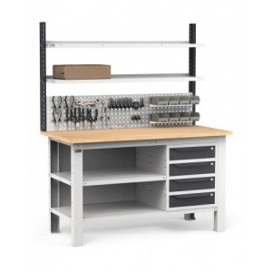 Banco con 4 cassetti, chiusura posteriore, parete portautensili, accessori, 150 cm, Grigio e antracite