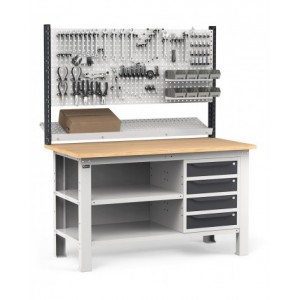 Banco con 4 cassetti, chiusura posteriore, parete portautensili, accessori, 150 cm, Grigio e antracite