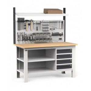 Banco con 4 cassetti, chiusura posteriore, parete portautensili, accessori, 150 cm, Grigio e antracite