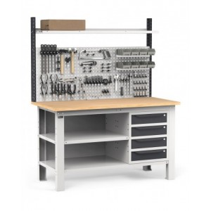 Banco con 4 cassetti, chiusura posteriore, parete portautensili, accessori, 150 cm, Grigio e antracite