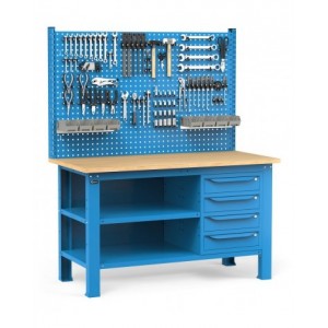 Banco con 4 cassetti, chiusura posteriore, parete portautensili, accessori, 150 cm, Blu