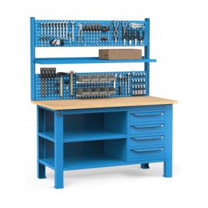 Banco con 4 cassetti, chiusura posteriore, parete portautensili, accessori, 150 cm, Blu