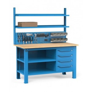 Banco con 4 cassetti, chiusura posteriore, parete portautensili, accessori, 150 cm, Blu