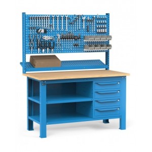 Banco con 4 cassetti, chiusura posteriore, parete portautensili, accessori, 150 cm, Blu