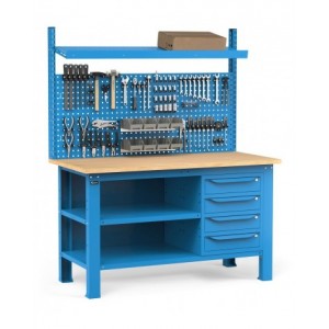 Banco con 4 cassetti, chiusura posteriore, parete portautensili, accessori, 150 cm, Blu