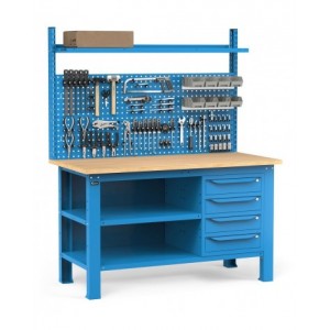 Banco con 4 cassetti, chiusura posteriore, parete portautensili, accessori, 150 cm, Blu